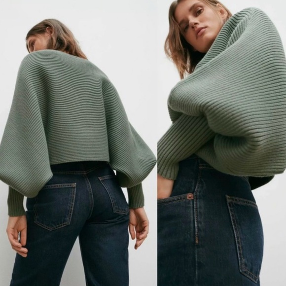 Zara Cropped Sweater Balloon Sleeves with Cuffs Cream - Picture 4 of 6